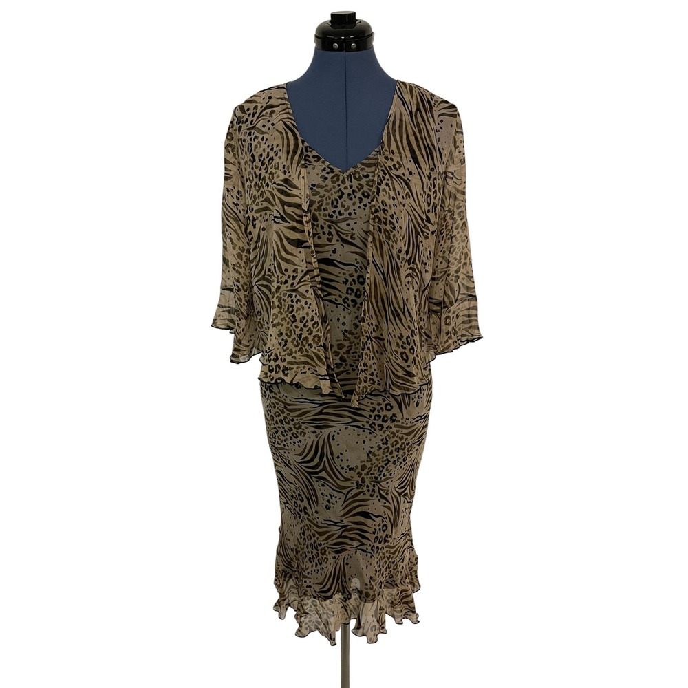 Vtg Robbie Bee 2pc Silk Leopard Layered Dress Sheer Cardigan Y2K Mob Wife Chic 6